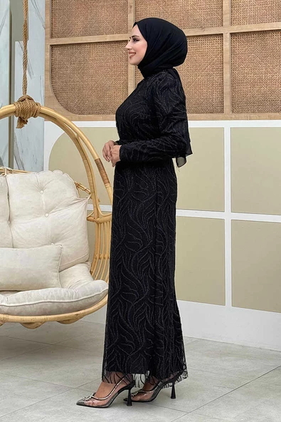 Dal Desenli Simli Tül Abiye Elbise 1140 Siyah - Resim 2