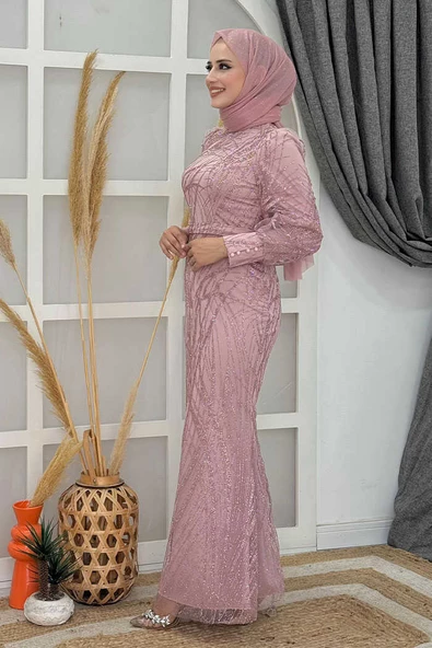 Desenli Bel Kemerli Balık Abiye Elbise 1139 Gül Kurusu - Resim 3