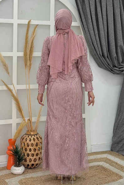 Desenli Bel Kemerli Balık Abiye Elbise 1139 Gül Kurusu - Resim 2