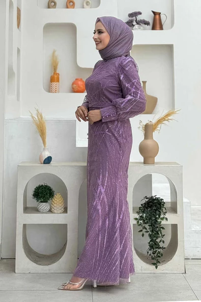 Desenli Bel Kemerli Balık Abiye Elbise 1139 Lila - Resim 3