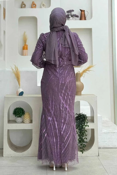 Desenli Bel Kemerli Balık Abiye Elbise 1139 Lila - Resim 2