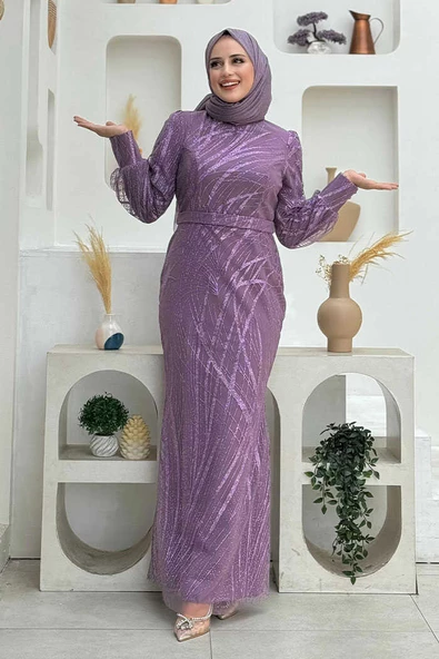 Desenli Bel Kemerli Balık Abiye Elbise 1139 Lila