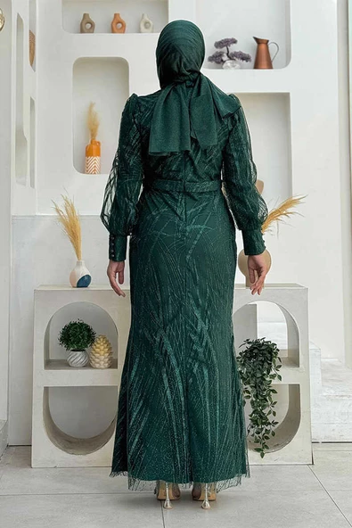 Desenli Bel Kemerli Balık Abiye Elbise 1139 Zümrüt - Resim 2