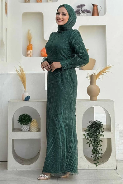 Desenli Bel Kemerli Balık Abiye Elbise 1139 Zümrüt - Resim 3