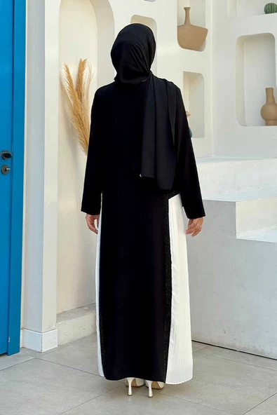 Pilise Taş Detay Fermuarlı Ferace 7892 Ekru - 8