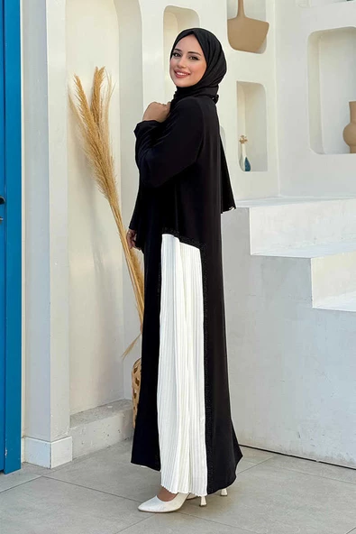 Pilise Taş Detay Fermuarlı Ferace 7892 Ekru - 9