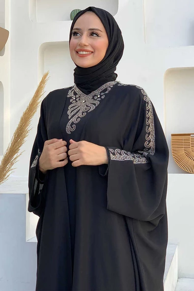 Taş İşlemeli Elbiseli Abaya Takım 8499 Siyah - Resim 4