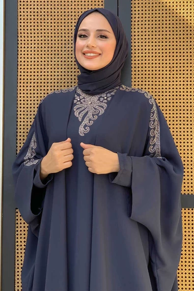 Taş İşlemeli Elbiseli Abaya Takım 8499 Lacivert - 4