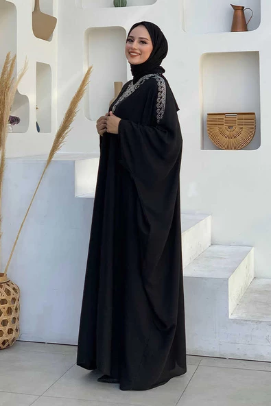 Taş İşlemeli Elbiseli Abaya Takım 8499 Siyah - Resim 3