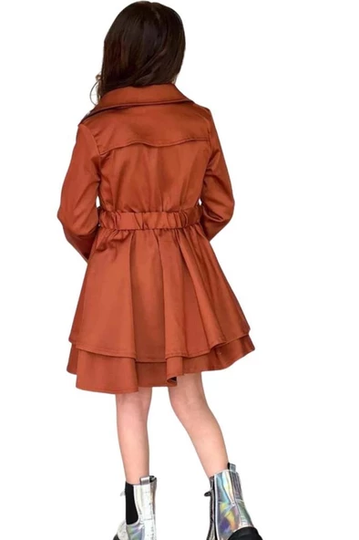 Kız Çocuk Çiçek Desenli Piliseli Kiremit Trençkotlu Elbise - Resim 3