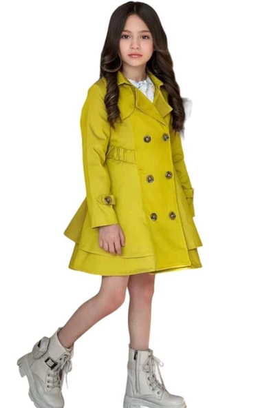 Kız Çocuk Çiçek Desenli Piliseli Sarı Trençkotlu Elbise - Resim 2