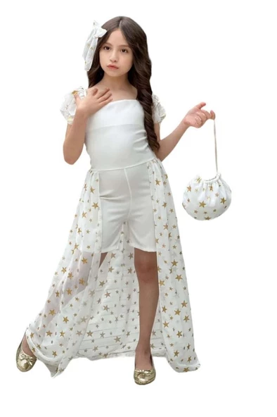 Kız Çocuk Yıldız Desenli Kayık Yaka Tül Kuyruklu Beyaz Şortlu Tulum - Resim 2