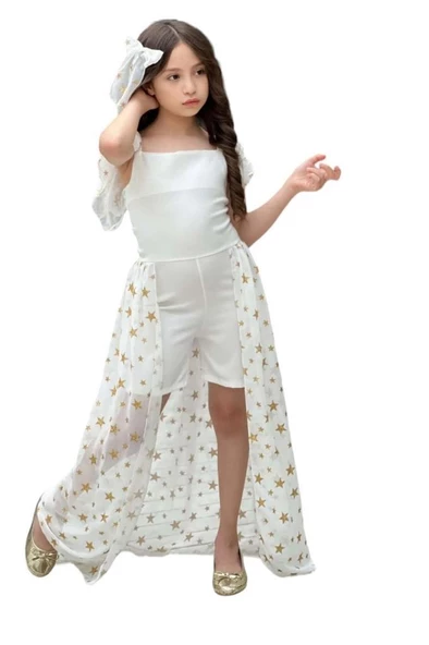 Kız Çocuk Yıldız Desenli Kayık Yaka Tül Kuyruklu Beyaz Şortlu Tulum - Resim 3