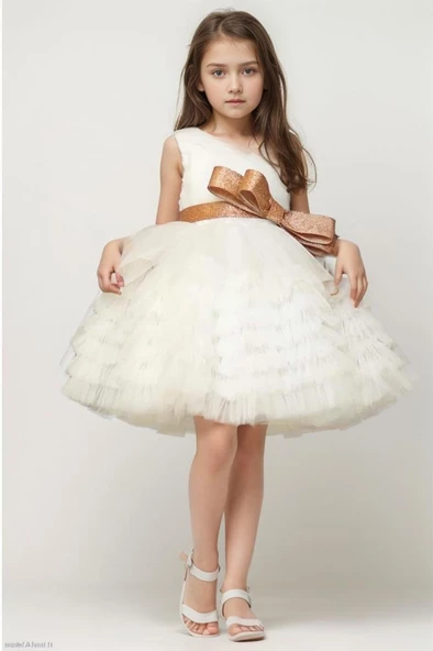Kız Çocuk Simli Fiyonk Detaylı Kat Kat Tüllü Beyaz Abiye ürün görseli