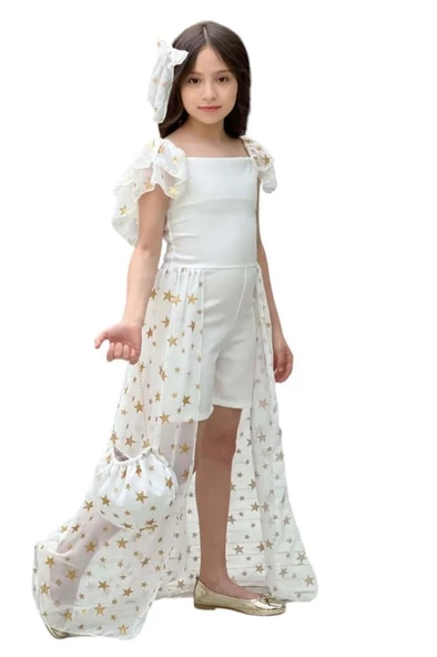 Kız Çocuk Yıldız Desenli Kayık Yaka Tül Kuyruklu Beyaz Şortlu Tulum ürün görseli