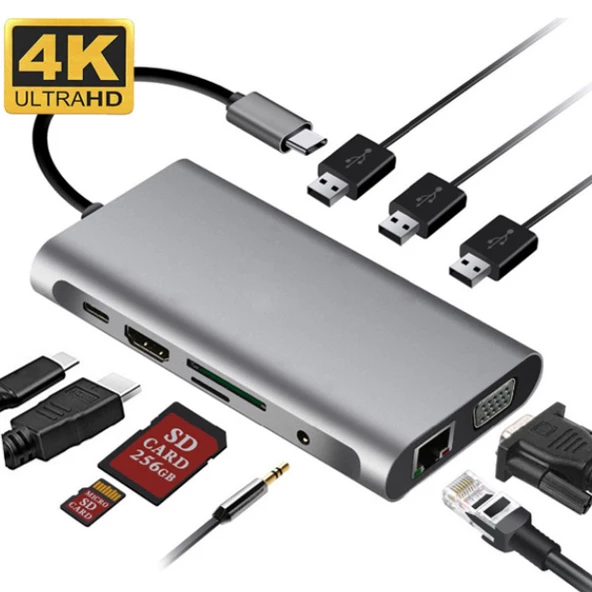 Universal 10 İN 1 HDMI VGA RJ45 PD USB 3.0 HUB Adaptör Çoklayıcı