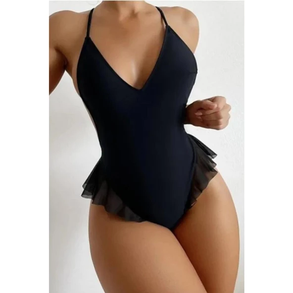 Lucky life Siyah Fırfırlı Bodysuit