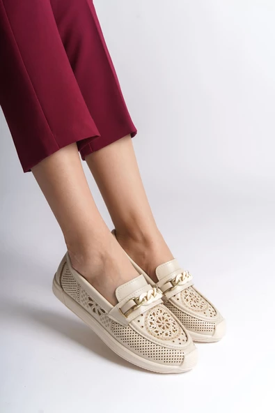 LIZY Bağcıksız Ortopedik Rahat Taban Çiçek Desenli Babet Ayakkabı KT Krem - 2