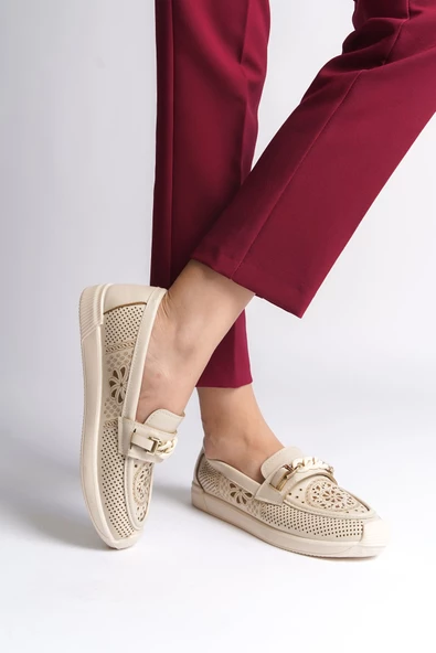 LIZY Bağcıksız Ortopedik Rahat Taban Çiçek Desenli Babet Ayakkabı KT Krem - 3