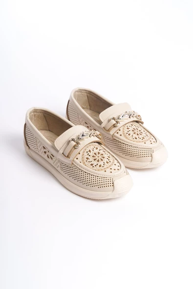 LILY Bağcıksız Ortopedik Rahat Taban Çiçek Desenli Babet Ayakkabı KT Krem - 4