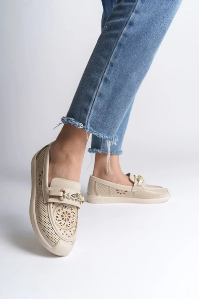 LILY Bağcıksız Ortopedik Rahat Taban Çiçek Desenli Babet Ayakkabı KT Krem - 2