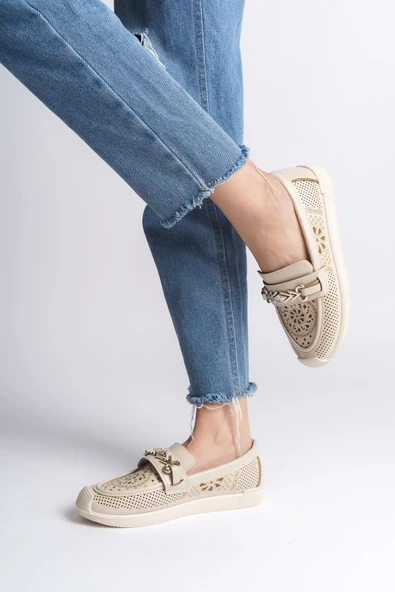 LILY Bağcıksız Ortopedik Rahat Taban Çiçek Desenli Babet Ayakkabı KT Krem - 3