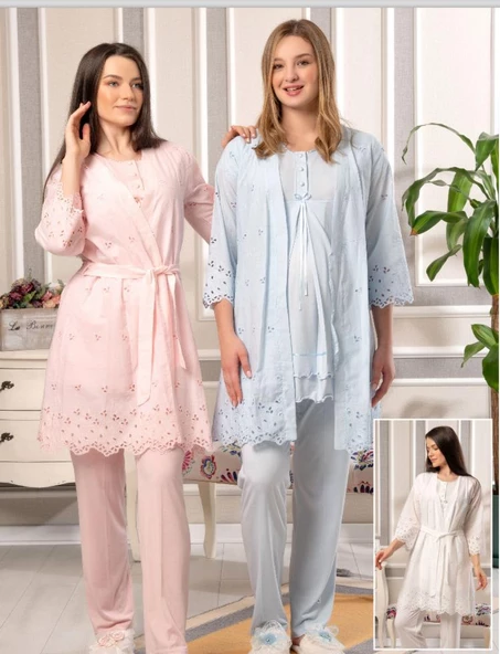 Bone Club 5816 MAVİ Vual Penye Hamile Lohusa 3 Lü Pijama Sabahlık Tk - 3