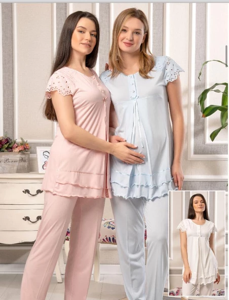 Bone Club 5816 MAVİ Vual Penye Hamile Lohusa 3 Lü Pijama Sabahlık Tk - 4