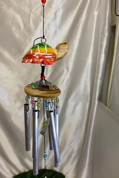 Deprem Çanı Zili Rüzgar Çanı Ahşap Kaplumbağa Figürlü 6 Metal Borulu ürün görseli