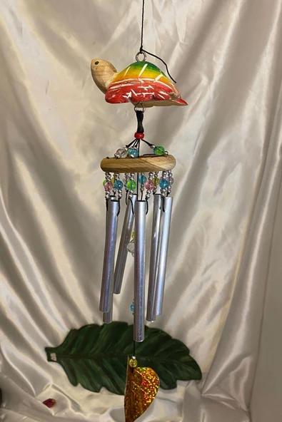 Deprem Çanı Zili Rüzgar Çanı Ahşap Kaplumbağa Figürlü 6 Metal Borulu - Resim 2