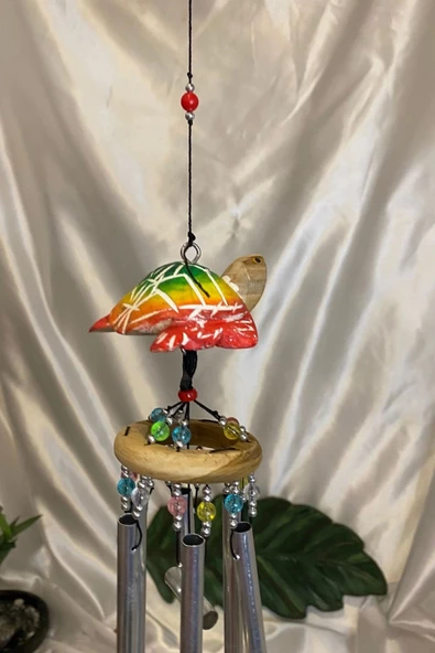 Deprem Çanı Zili Rüzgar Çanı Ahşap Kaplumbağa Figürlü 6 Metal Borulu - Resim 4