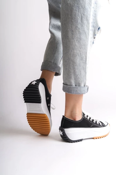 PARIS Bağcıklı Ortopedik Taban Kadın Sneaker Ayakkabı BT Siyah - 3