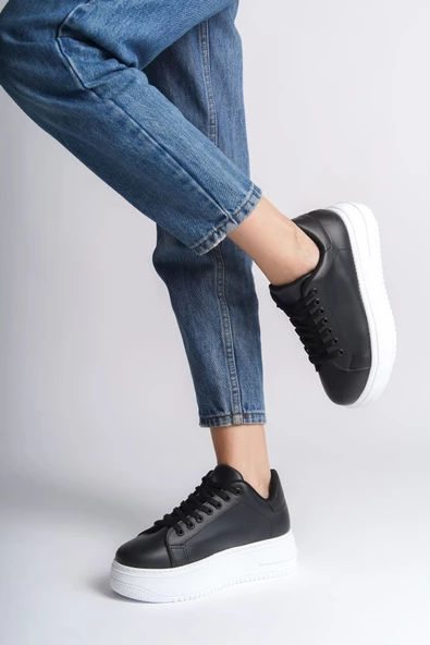 BIANA Bağcıklı Ortopedik Taban Kadın Sneaker Ayakkabı BT Siyah - 2