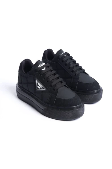 PRAG Bağcıklı Ortopedik Taban Desenli Kadın Sneaker Ayakkabı ST Siyah - 4