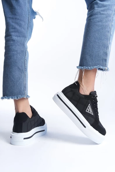 PRAG Bağcıklı Ortopedik Taban Desenli Kadın Sneaker Ayakkabı BT Siyah - 3
