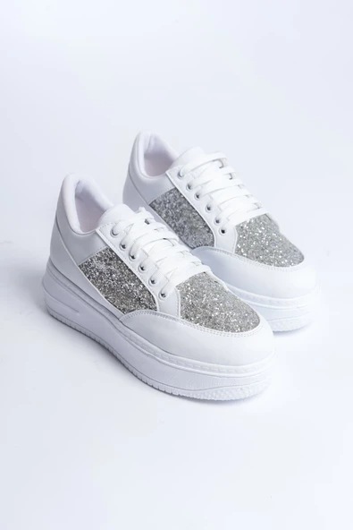 MIPA Bağcıklı Ortopedik Taban Simli Kadın Sneaker Ayakkabı BT Beyaz - 4