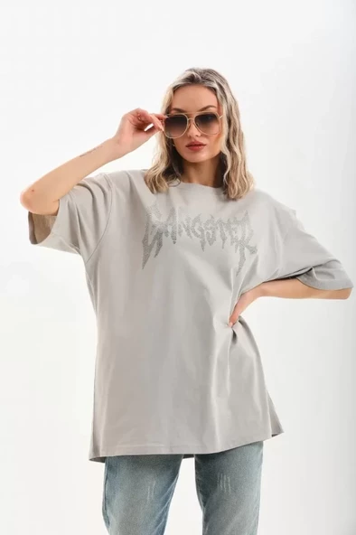 Unisex Taş Desenli Oversize T-Shirt - Gri