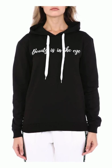 Kapüşonlu Baskılı Siyah Kadın Sweatshirt - 3