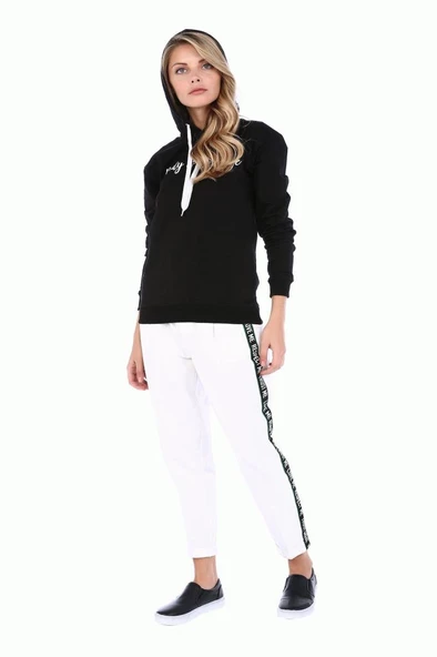 Kapüşonlu Baskılı Siyah Kadın Sweatshirt - 2