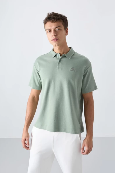 Açık Yeşil Pamuklu Kalın Yumuşak Dokulu Oversize Fit Basic Polo Yaka Erkek T-Shirt - 88327