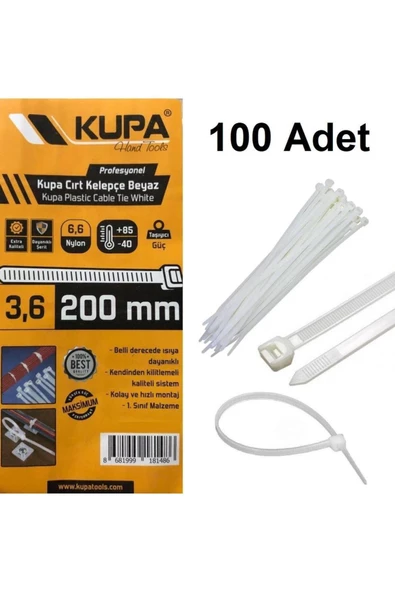 Plastik Cırt Kelepçe Beyaz 3.6 x 200 mm. - 100 Adet