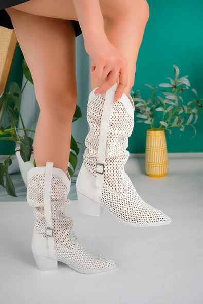 Muggo FLORİDA Garantili Kadın Lazer Kesim Delikli Western Kovboy Yazlık Topuklu Festival Çizme - 8