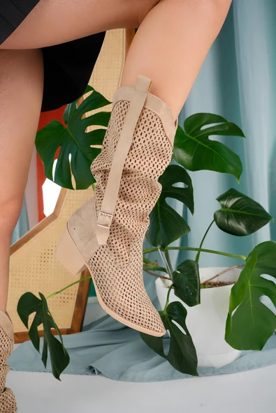 Muggo FLORİDA Garantili Kadın Lazer Kesim Delikli Western Kovboy Yazlık Topuklu Festival Çizme - 5