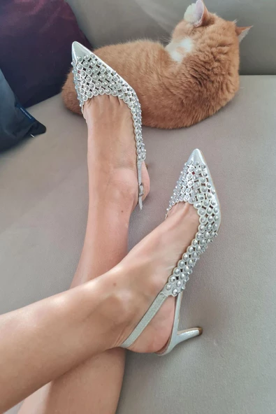 036  4467 Topukla Kadın Taşlı 6 cm İnce Topuklu Abiye Ayakkabı - 9