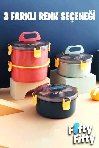 Vagonlife 1600 ML İki Kat Yuvarlak Paslanmaz Çelik Bento Lunch Box Yeni Nesil Sefer Tası-ÇatallıKaşık-397 - 12
