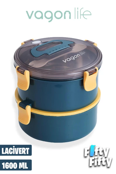 Vagonlife 1600 ML İki Kat Yuvarlak Paslanmaz Çelik Bento Lunch Box Yeni Nesil Sefer Tası-ÇatallıKaşık-397 - 2