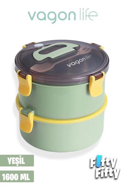 Vagonlife 1600 ML İki Kat Yuvarlak Paslanmaz Çelik Bento Lunch Box Yeni Nesil Sefer Tası-ÇatallıKaşık-397 - 8
