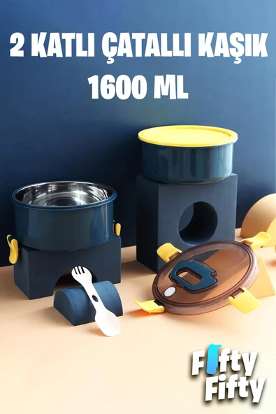 Vagonlife 1600 ML İki Kat Yuvarlak Paslanmaz Çelik Bento Lunch Box Yeni Nesil Sefer Tası-ÇatallıKaşık-397 - 7