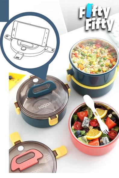 Vagonlife 1600 ML İki Kat Yuvarlak Paslanmaz Çelik Bento Lunch Box Yeni Nesil Sefer Tası-ÇatallıKaşık-397 - 4