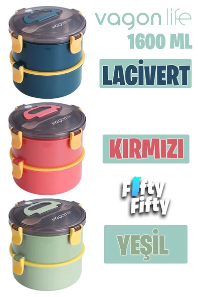 Vagonlife 1600 ML İki Kat Yuvarlak Paslanmaz Çelik Bento Lunch Box Yeni Nesil Sefer Tası-ÇatallıKaşık-397 - 3